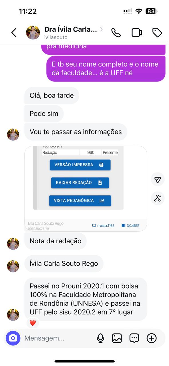 Depoimento da aluna Ívila no Instagram