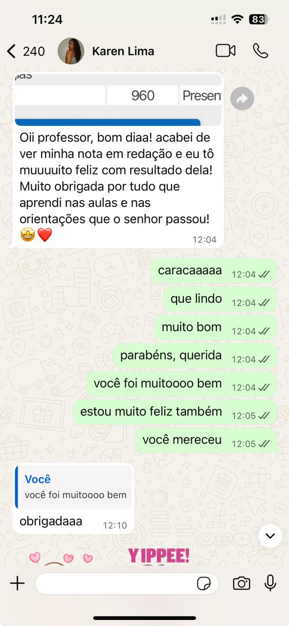 Depoimento da aluna Karen no WhatsApp