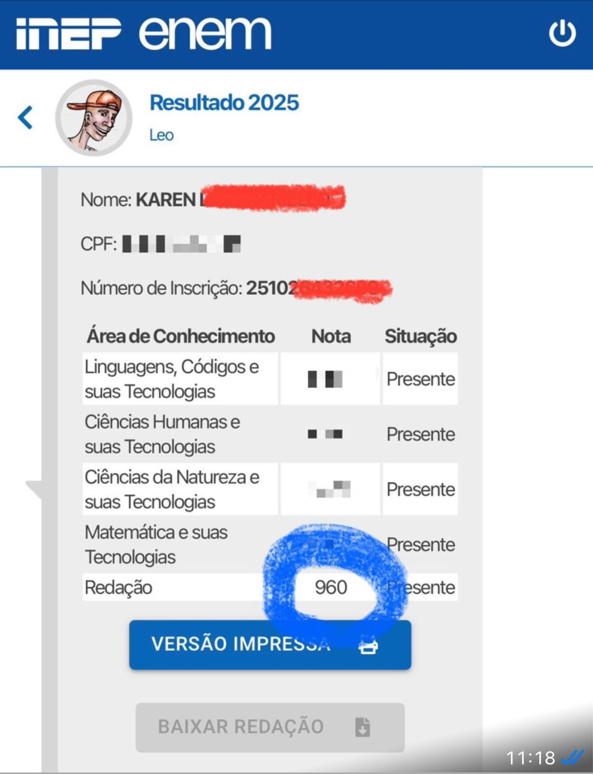 Resultado ENEM da Karen — 960 na redação
